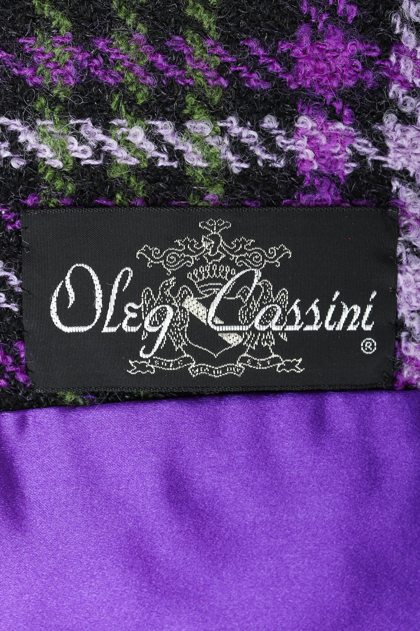 Recess Vintage Oleg Cassini label on purple plaid fabric