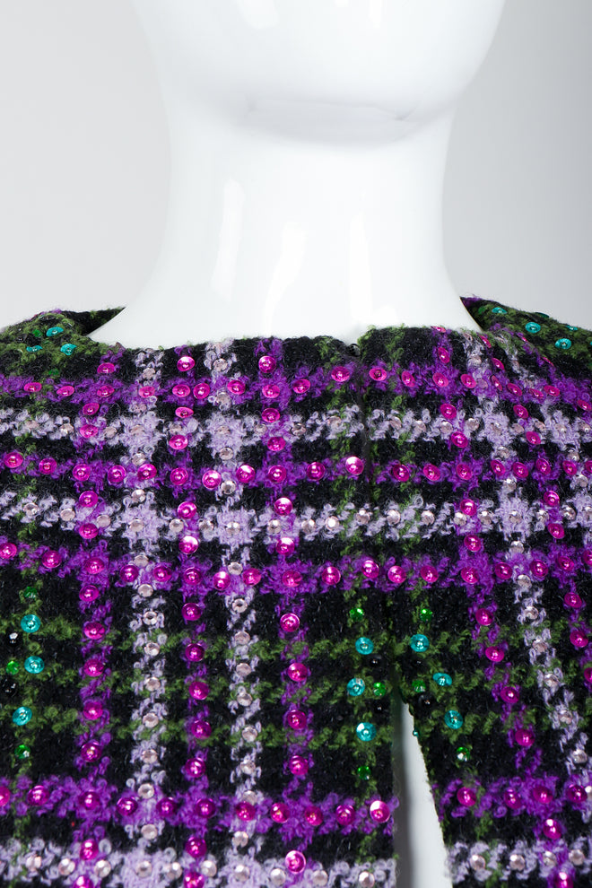 Recess Vintage Oleg Cassini Sequin Plaid Boxy Jacket on Mannequin, neckline