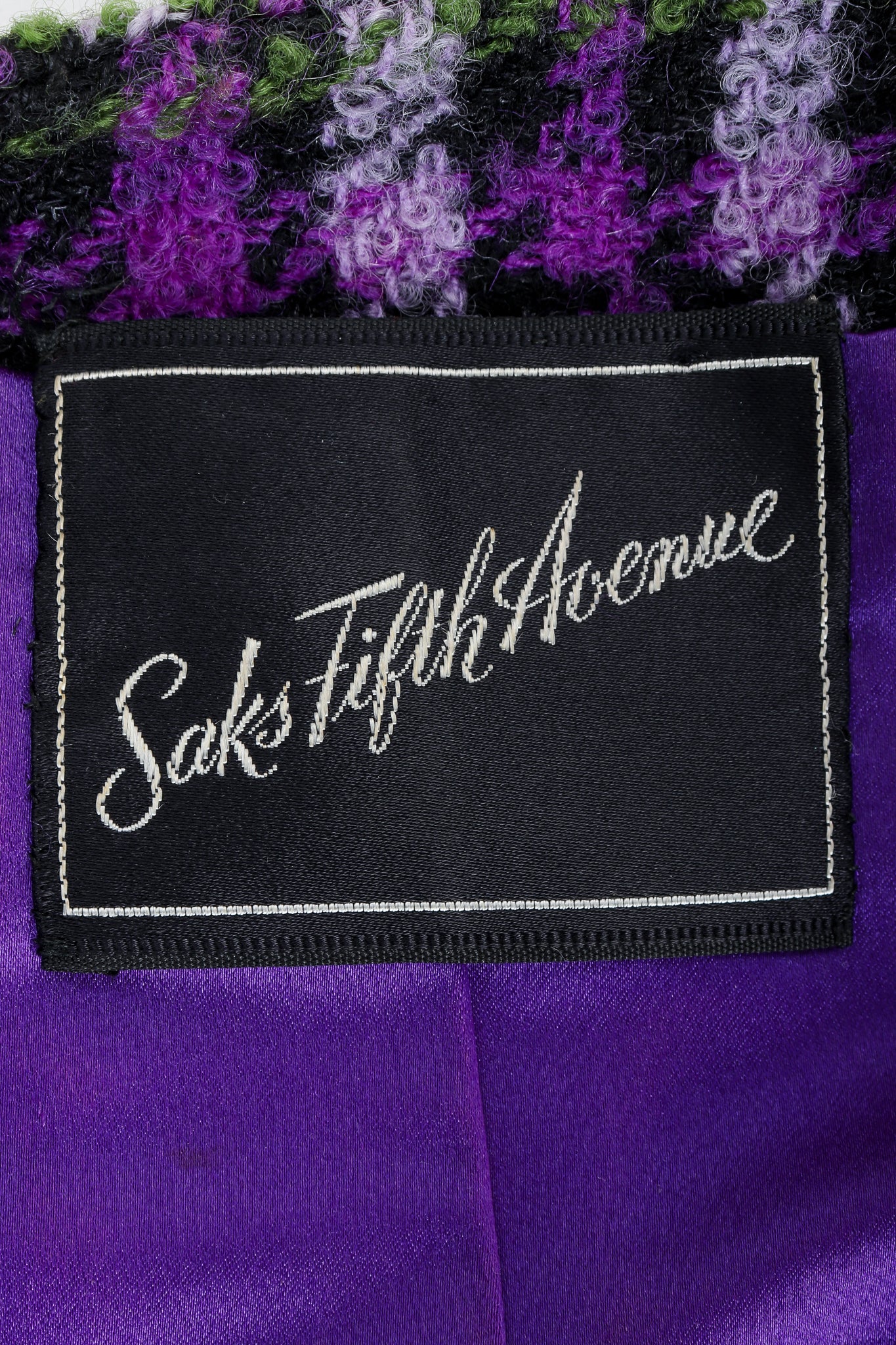 Recess Vintage Saks Fifth Ave label on purple plaid fabric