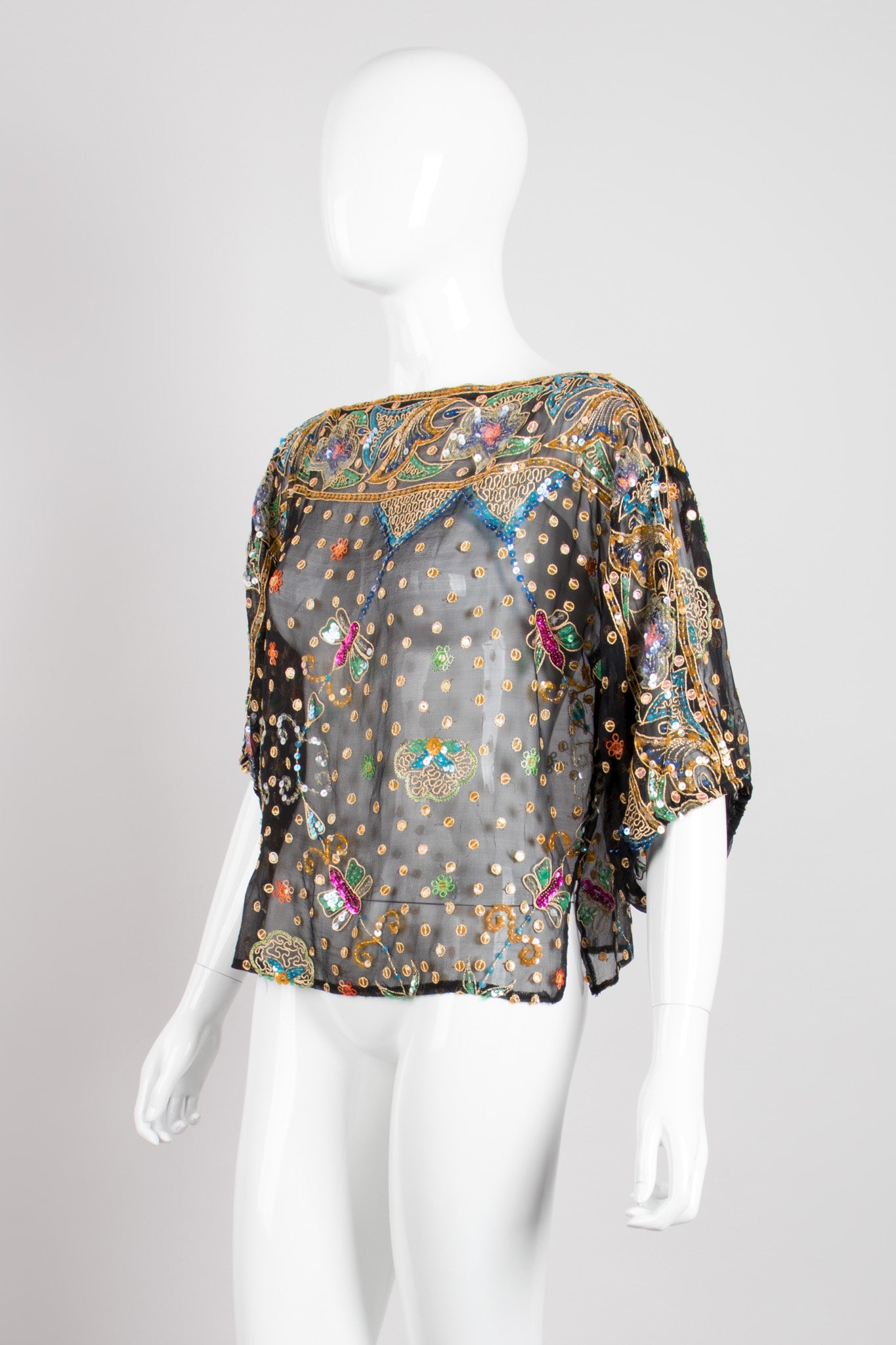 Saks Fifth Ave Vintage Sheer Sequin Chiffon Box Butterfly Top