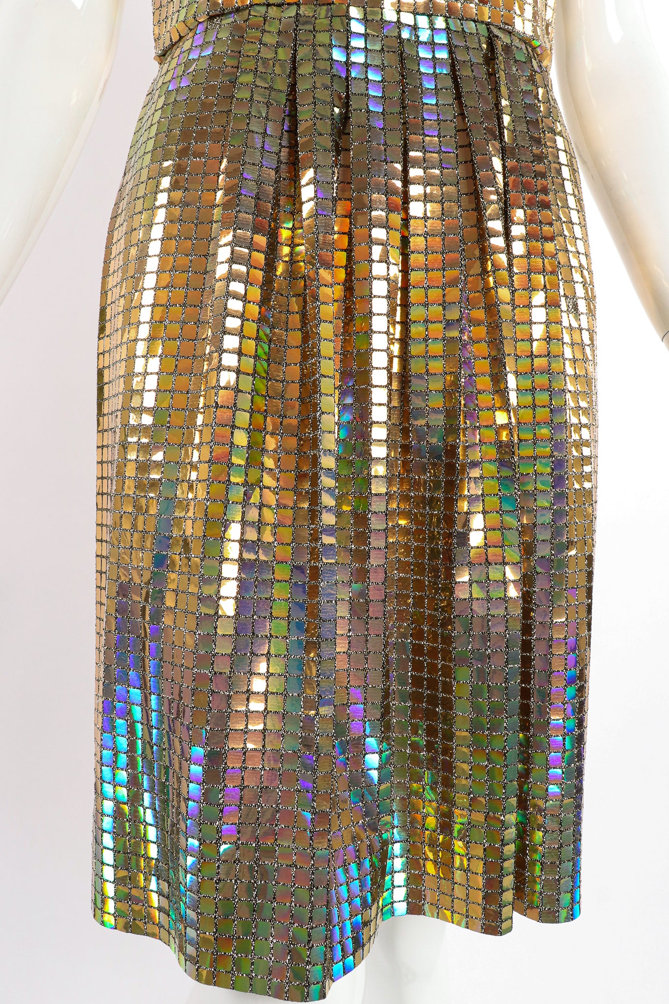 Vintage Scaasi Boutique Holographic Tile Disco Dress on Mannequin skirt at Recess Los Angeles