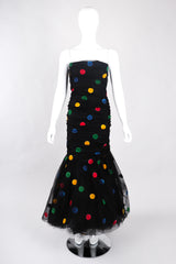 Recess Los Angeles Vintage Scaasi Boutique Polka Dot Bows Strapless Black Dress Velvet Multicolored Dots Trumpet Silhouette