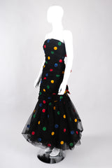 Recess Los Angeles Vintage Scaasi Boutique Polka Dot Bows Strapless Black Dress Velvet Multicolored Dots Trumpet Silhouette
