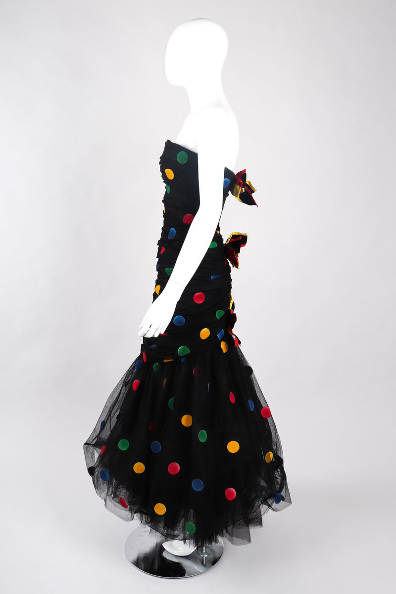 Recess Los Angeles Vintage Scaasi Boutique Polka Dot Bows Strapless Black Dress Velvet Multicolored Dots Trumpet Silhouette