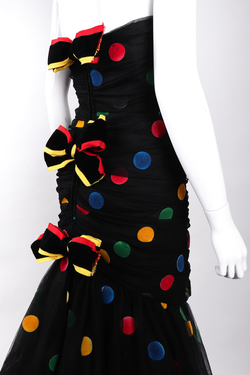 Recess Los Angeles Vintage Scaasi Boutique Polka Dot Bows Strapless Black Dress Velvet Multicolored Dots Trumpet Silhouette