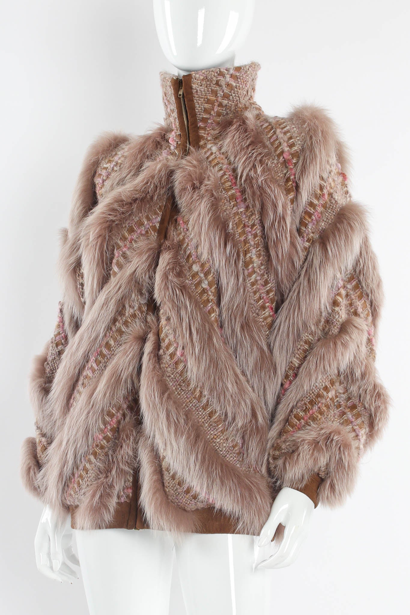 Vintage Schjelde for Caché Woven Mohair Fur Chevron Bomber mannequin angle zipped  @ Recess LA
