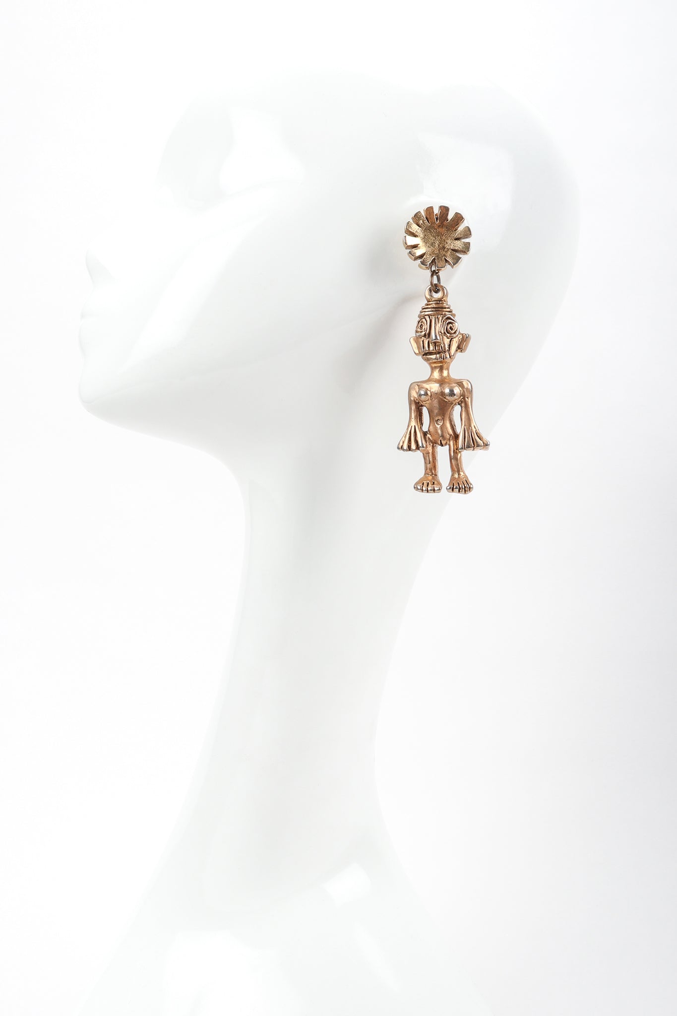 Recess Vintage Scooter Gold Mayan Incan Aztec Style Figurine Earrings on Mannequin