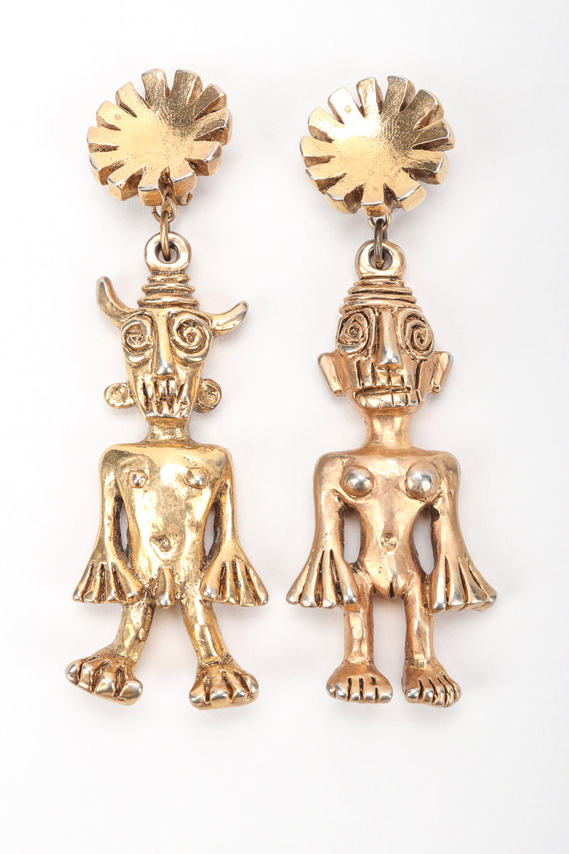 Recess Vintage Scooter Gold Mayan Incan Aztec Style Figurine Earrings, White Background