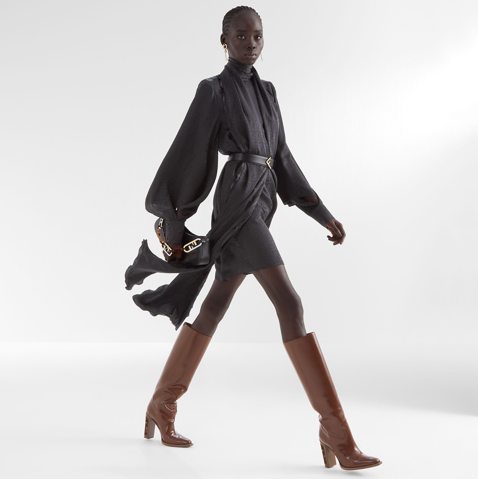 Fendi 2022 S/S Monogram Silk Dress & Scarf Shawl Set on Fendi model @ Recess LA