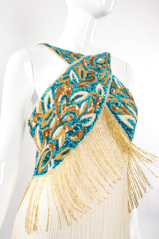 Vintage Sequins Originals Beaded Grecian Fringe Gown on Mannequin bust swing at Recess Los Angeles