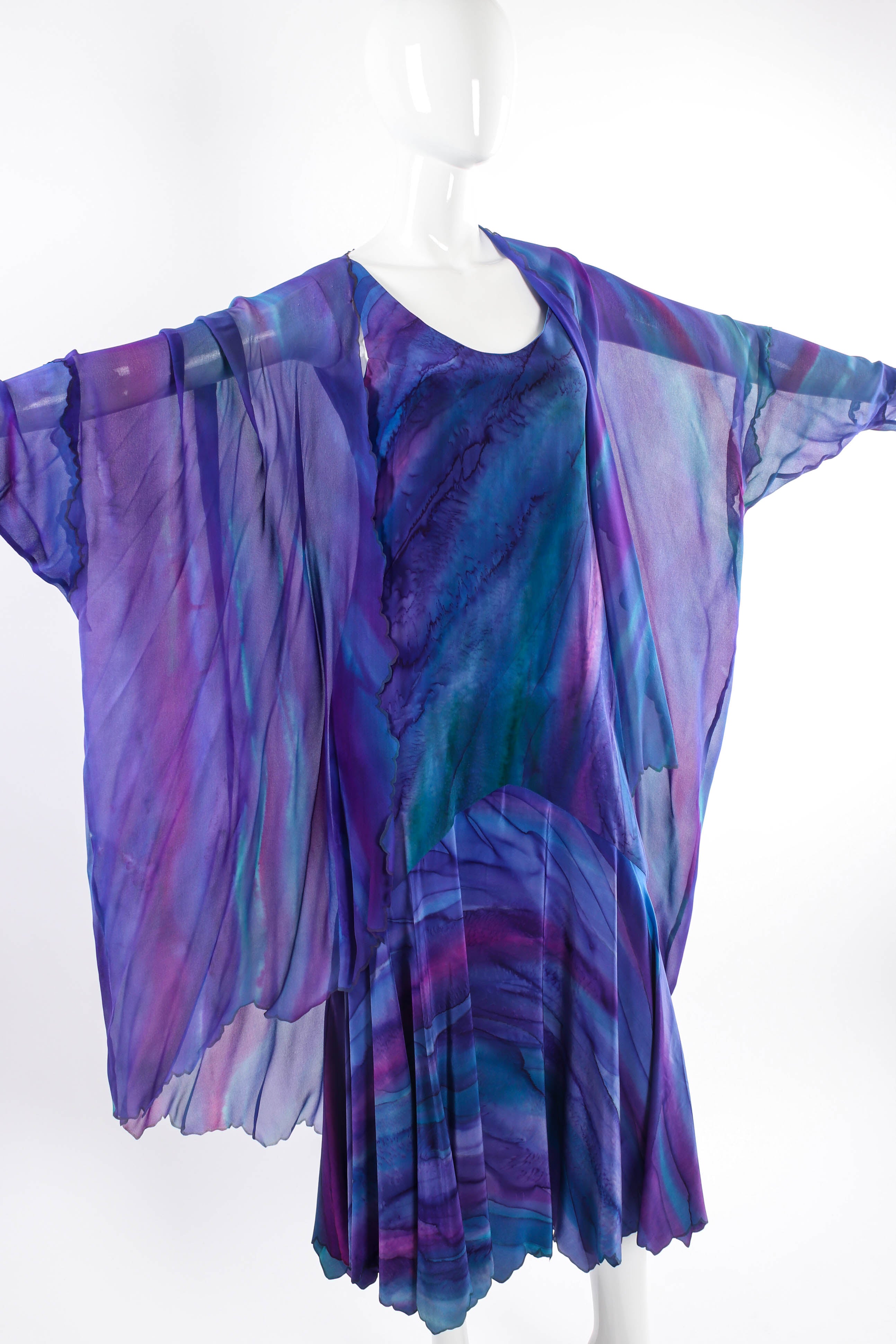 Vintage SHEBUE Watercolor Tie Dye Dress & Shawl Set mannequin close up @ Recess LA