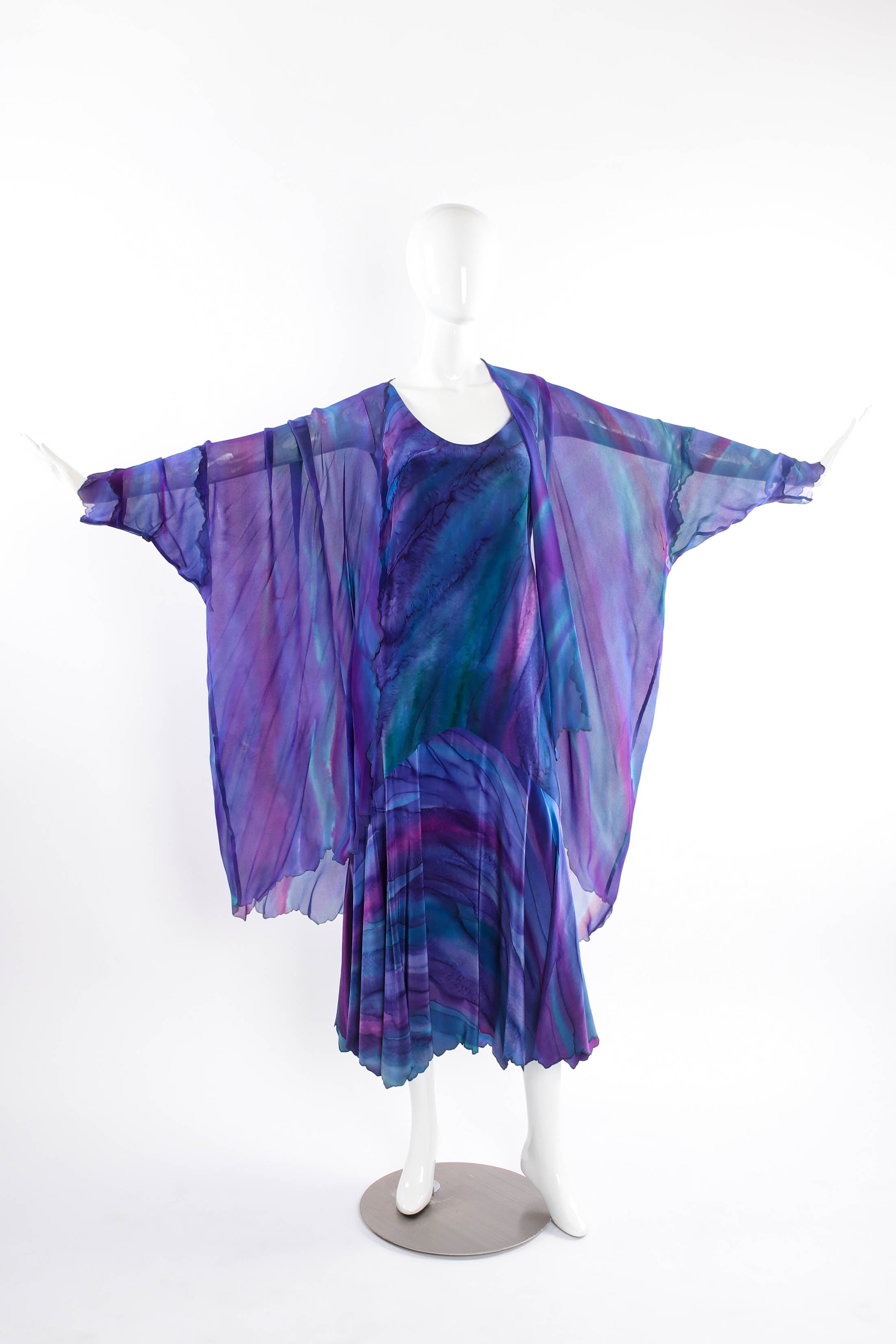 Vintage SHEBUE Watercolor Tie Dye Dress & Shawl Set mannequin front @ Recess LA