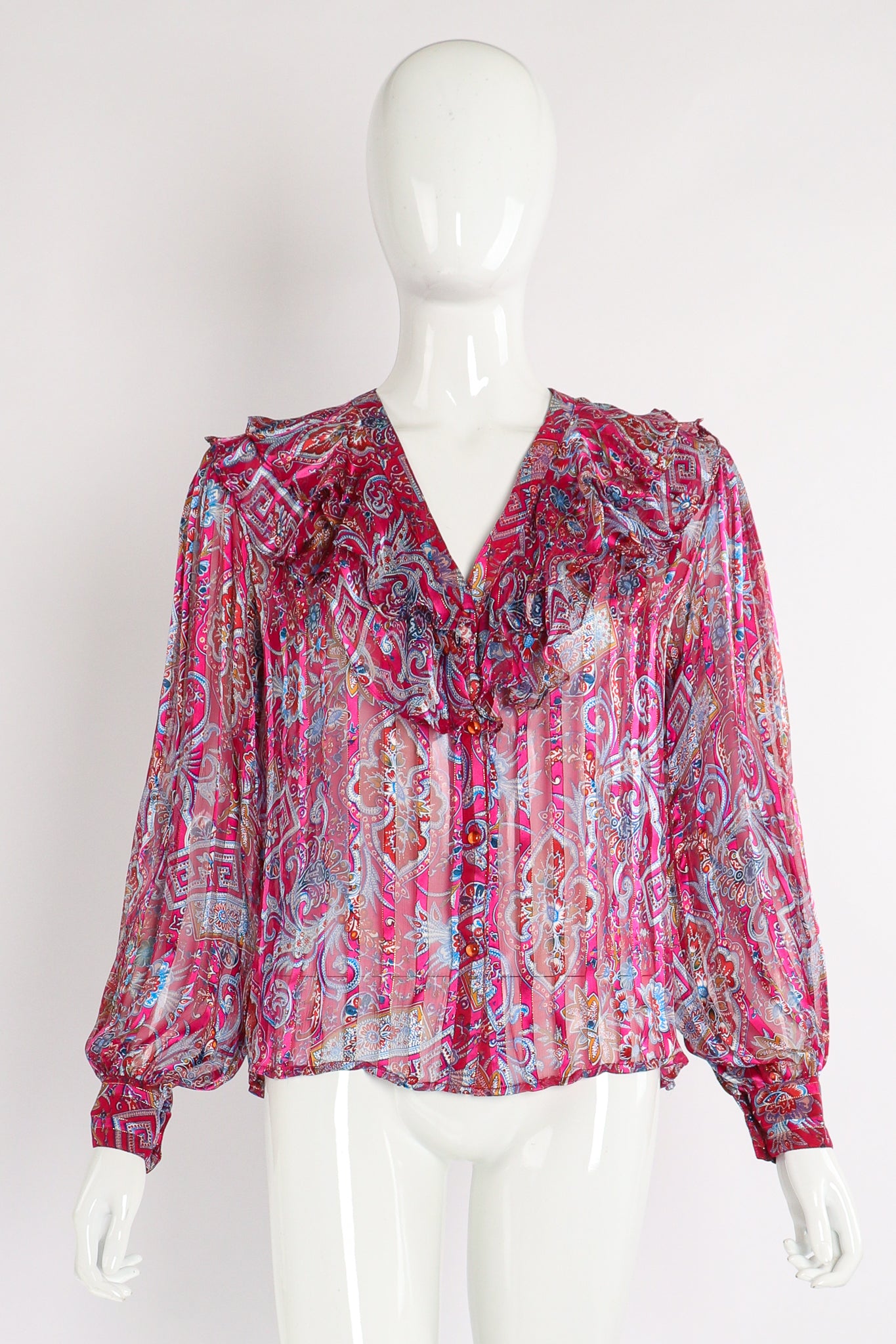 Vintage The Silk Farm Sheer Floral Stripe Ruffle Blouse on Mannequin front at Recess Los Angeles