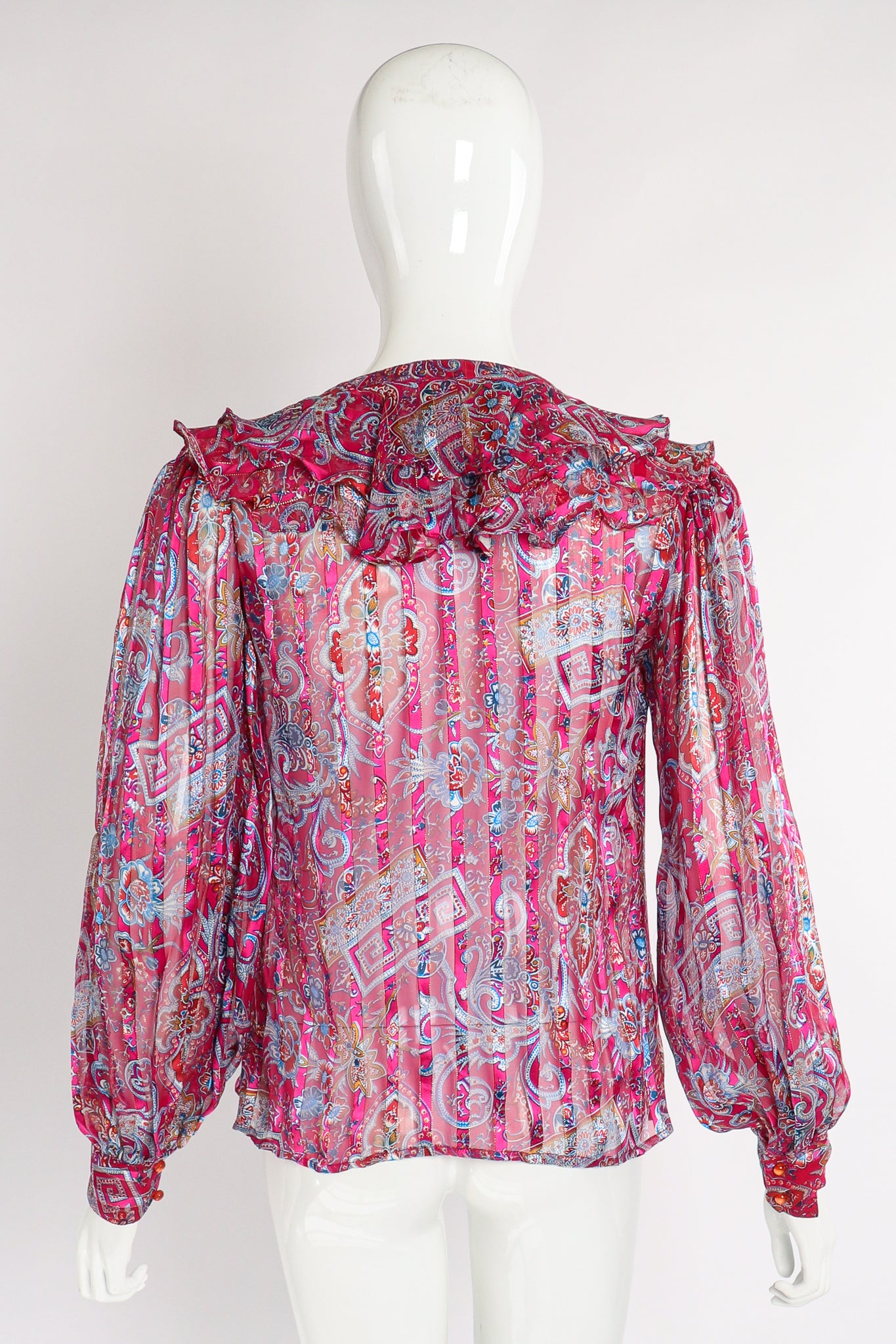 Vintage The Silk Farm Sheer Floral Stripe Ruffle Blouse on Mannequin back at Recess Los Angeles