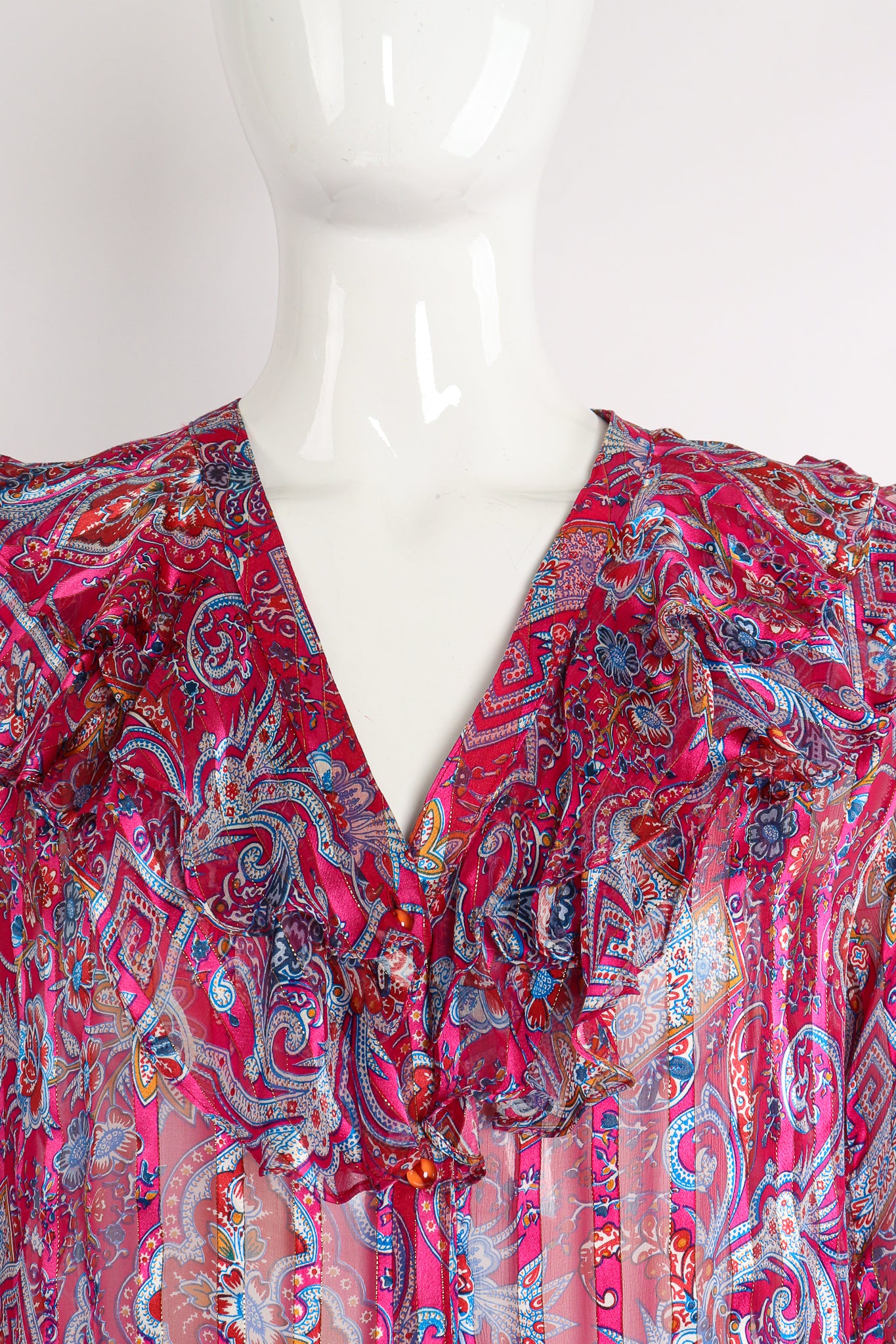 Vintage The Silk Farm Sheer Floral Stripe Ruffle Blouse on Mannequin neckline at Recess Los Angeles