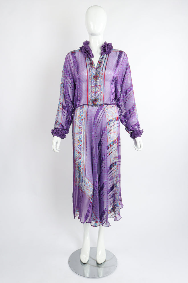 Vintage The Silk Farm Sheer Striped Ruffle Dress on Mannequin front open at Recess Los Angeles