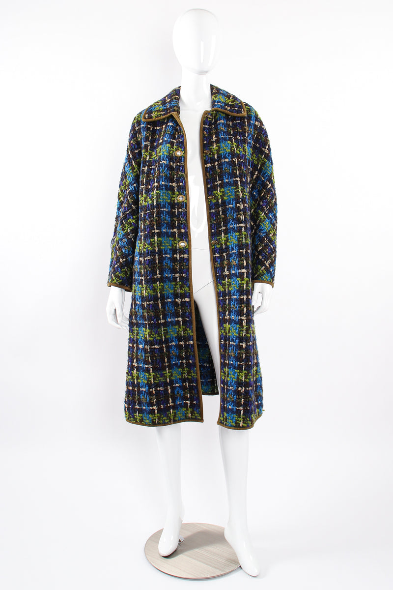 Vintage Sills Bonnie Cashin Plaid Tweed Blanket Coat on Mannequin open at Recess Los Angeles
