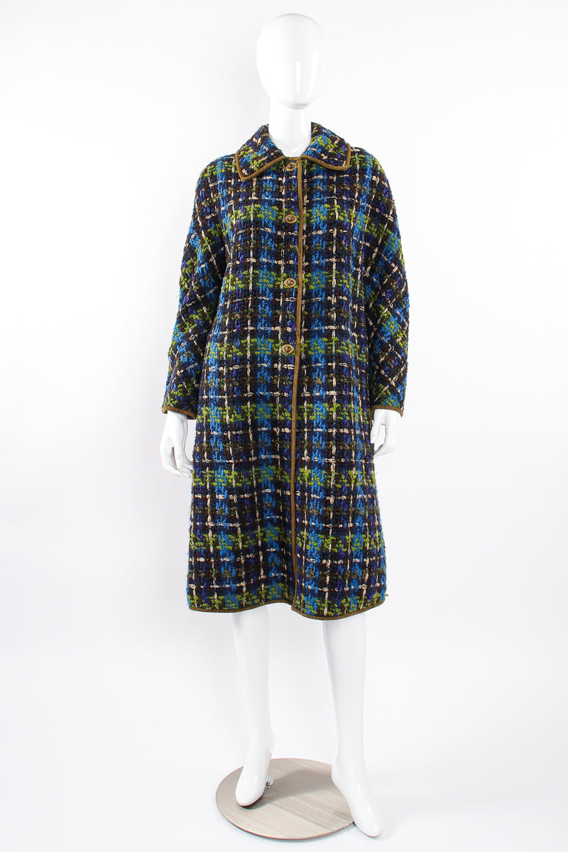 Vintage Sills Bonnie Cashin Plaid Tweed Blanket Coat on Mannequin front at Recess Los Angeles