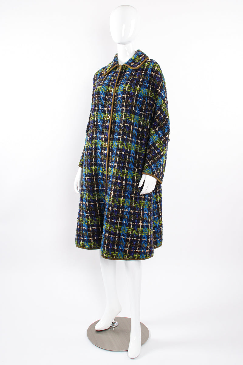 Vintage Sills Bonnie Cashin Plaid Tweed Blanket Coat on Mannequin angle at Recess Los Angeles