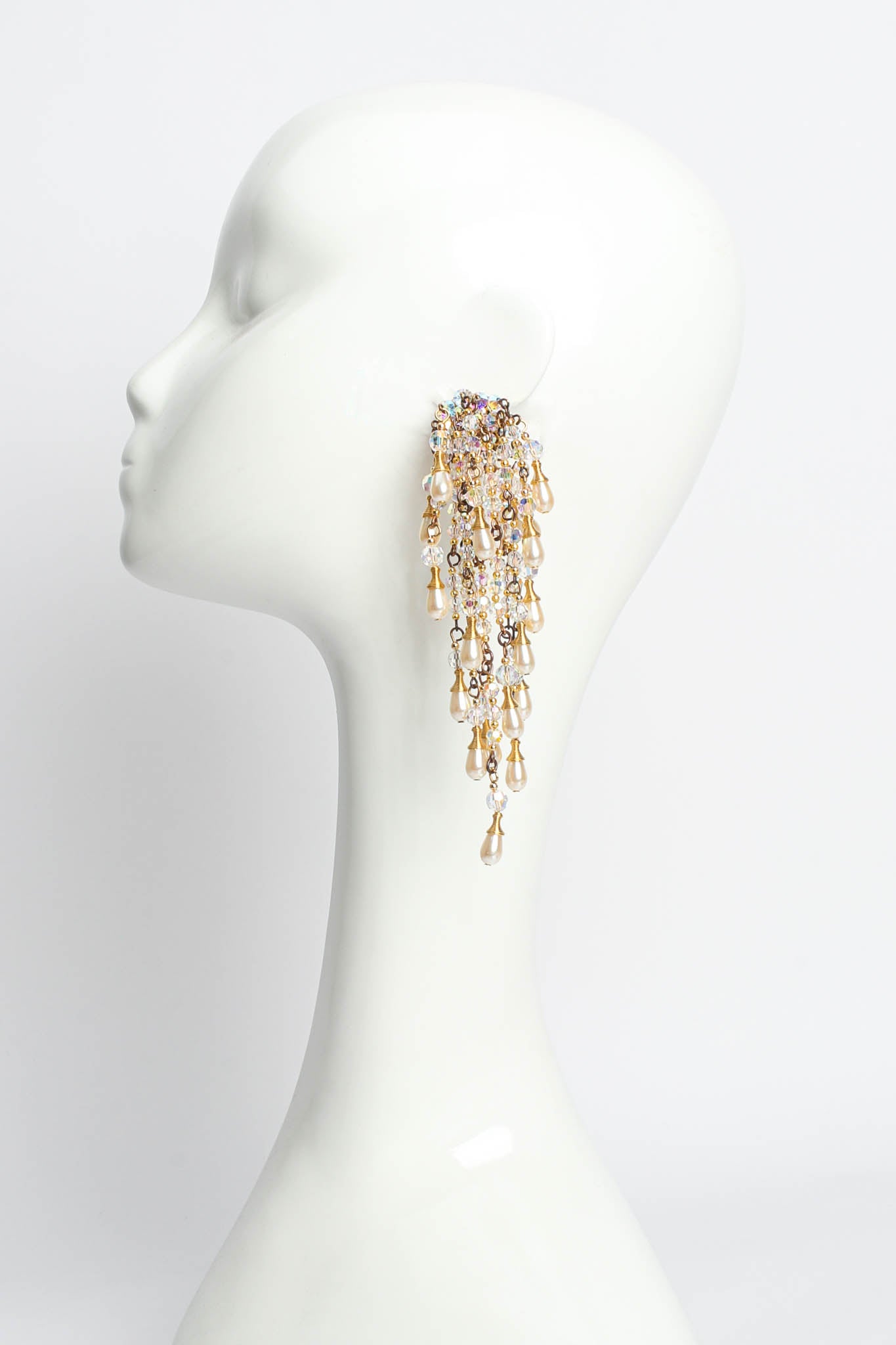Vintage Simone Edouard Pearl Crystal Cluster Chandelier Earrings mannequin front @ Recess LA