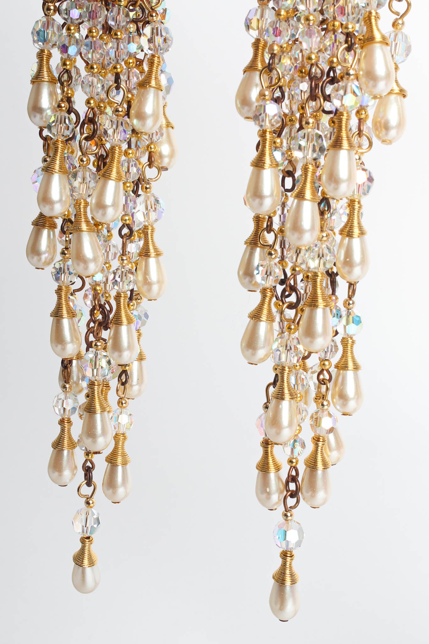 Vintage Simone Edouard Pearl Crystal Cluster Chandelier Earrings hanging cluster close @ Recess LA