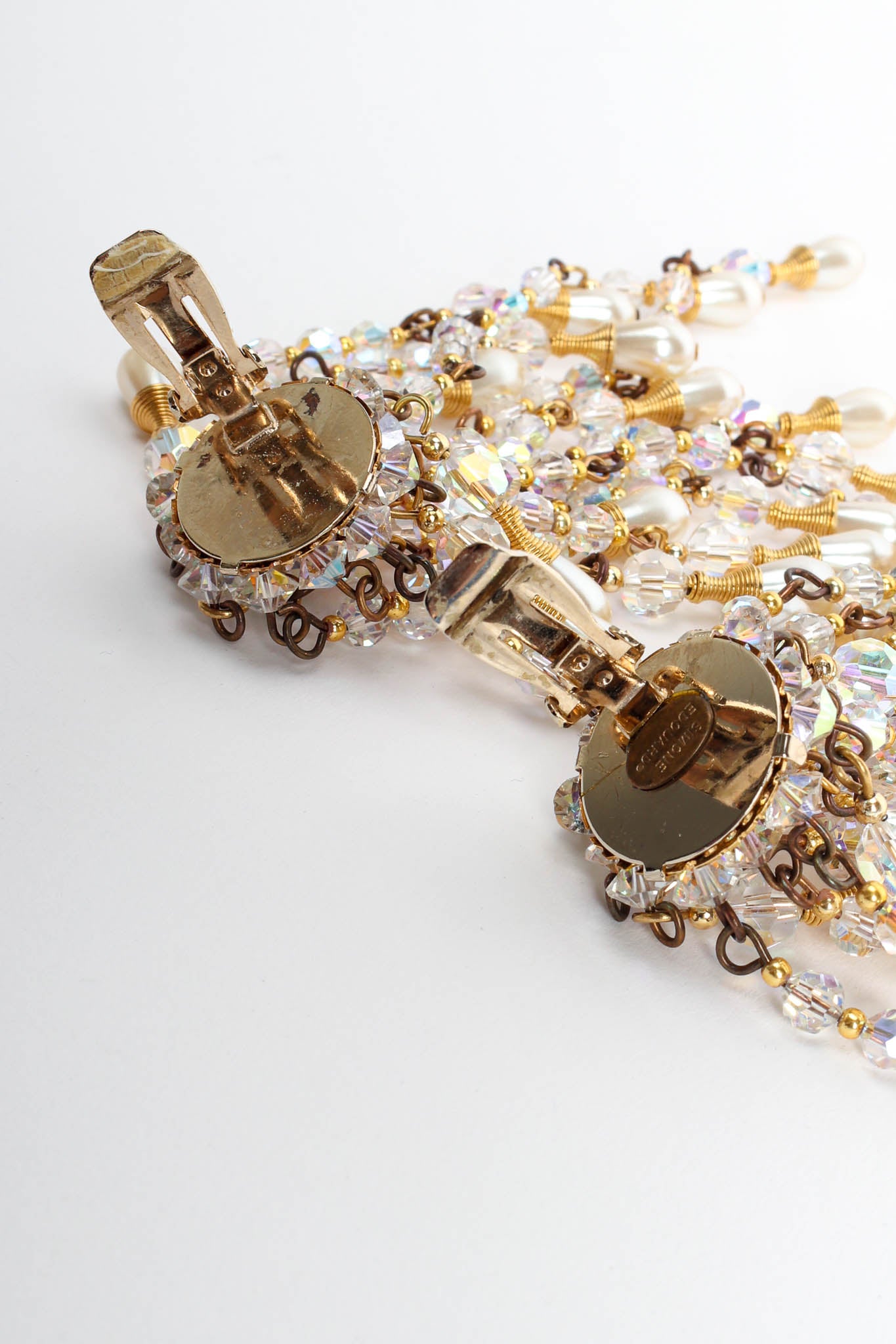 Vintage Simone Edouard Pearl Crystal Cluster Chandelier Earrings open backs @ Recess LA