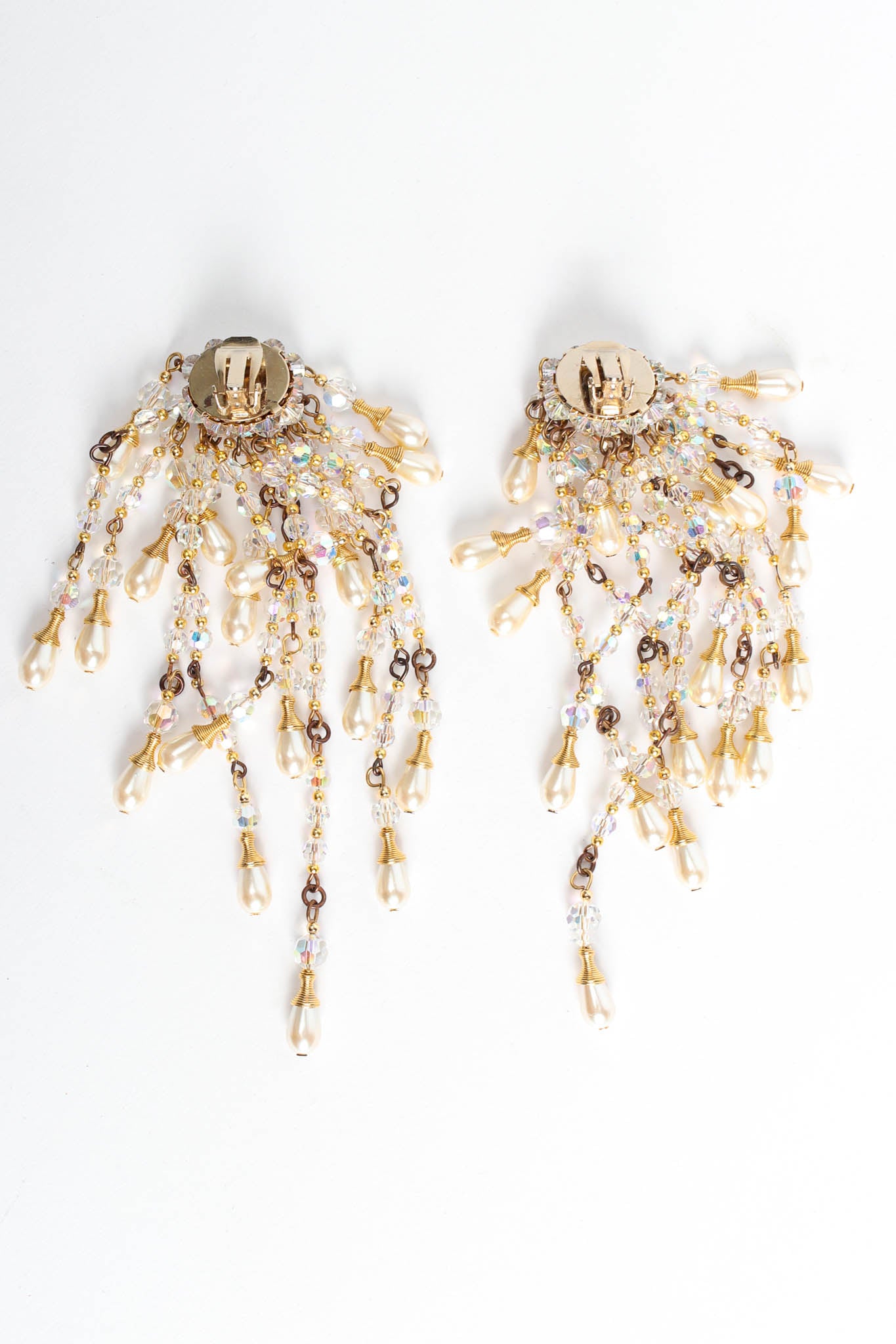 Vintage Simone Edouard Pearl Crystal Cluster Chandelier Earrings flat reverse @ Recess LA