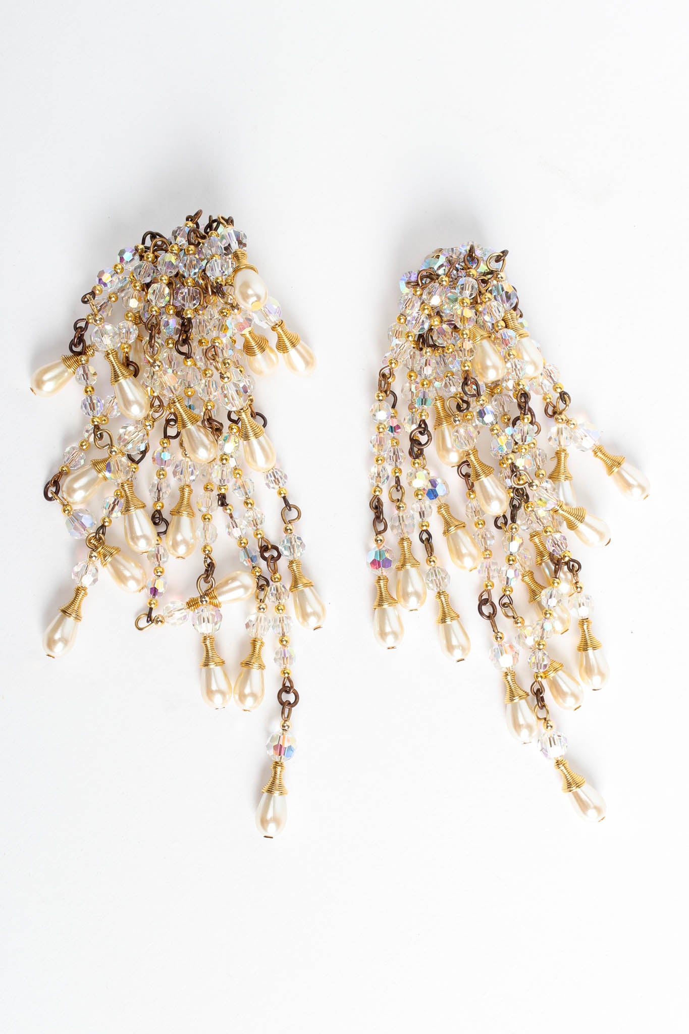 Vintage Simone Edouard Pearl Crystal Cluster Chandelier Earrings flat lay @ Recess LA