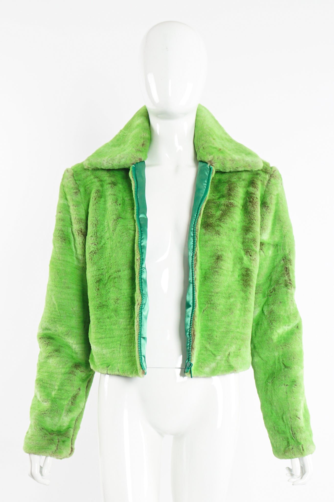 Vintage Sin by Morgan Cooper Lime Faux Fur Collar Jacket on Mannequin open at Recess Los Angeles