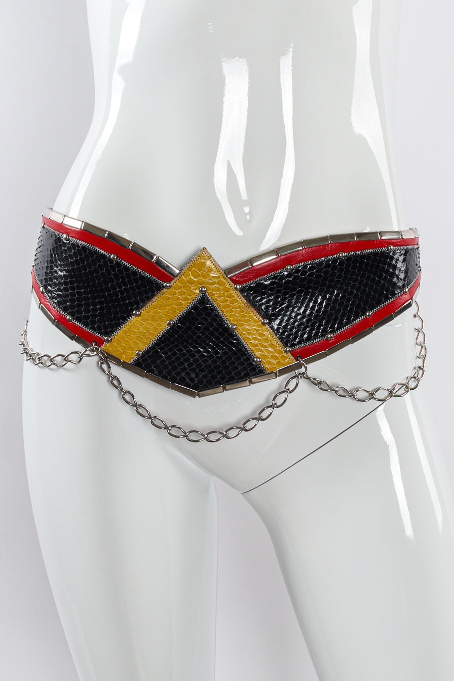 Geometric wing reptile leather belt Spira on mannequin @recessla