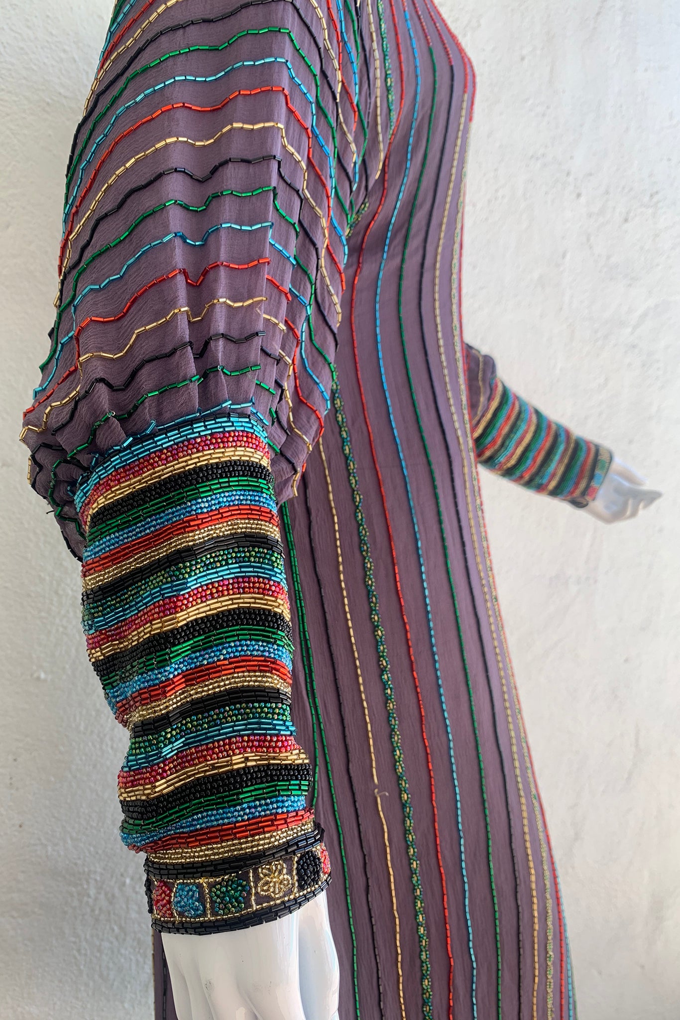 Vintage Sistermax Rainbow Beaded Midi Shift Dress on Mannequin sleeve detail at Recess