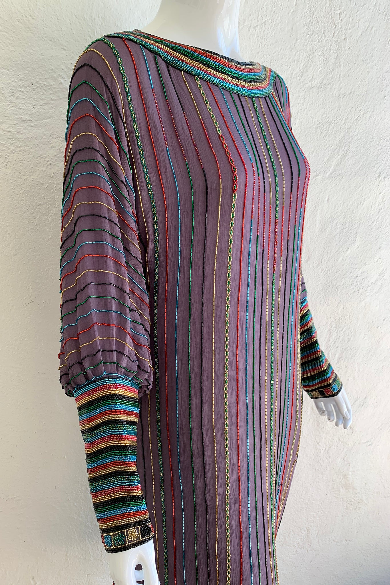 Vintage Sistermax Rainbow Beaded Midi Shift Dress on Mannequin angle crop at Recess
