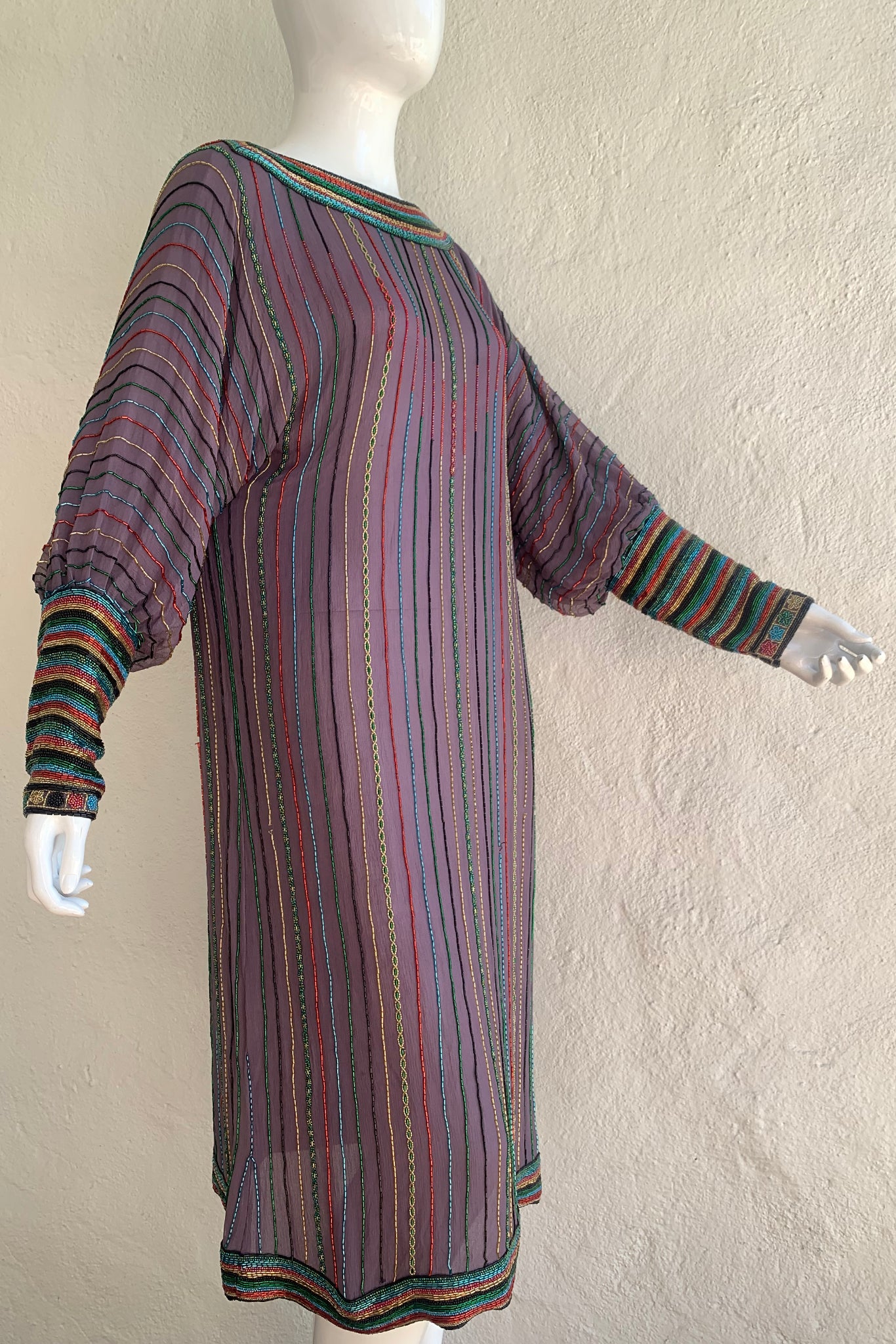 Vintage Sistermax Rainbow Beaded Midi Shift Dress on Mannequin angle at Recess