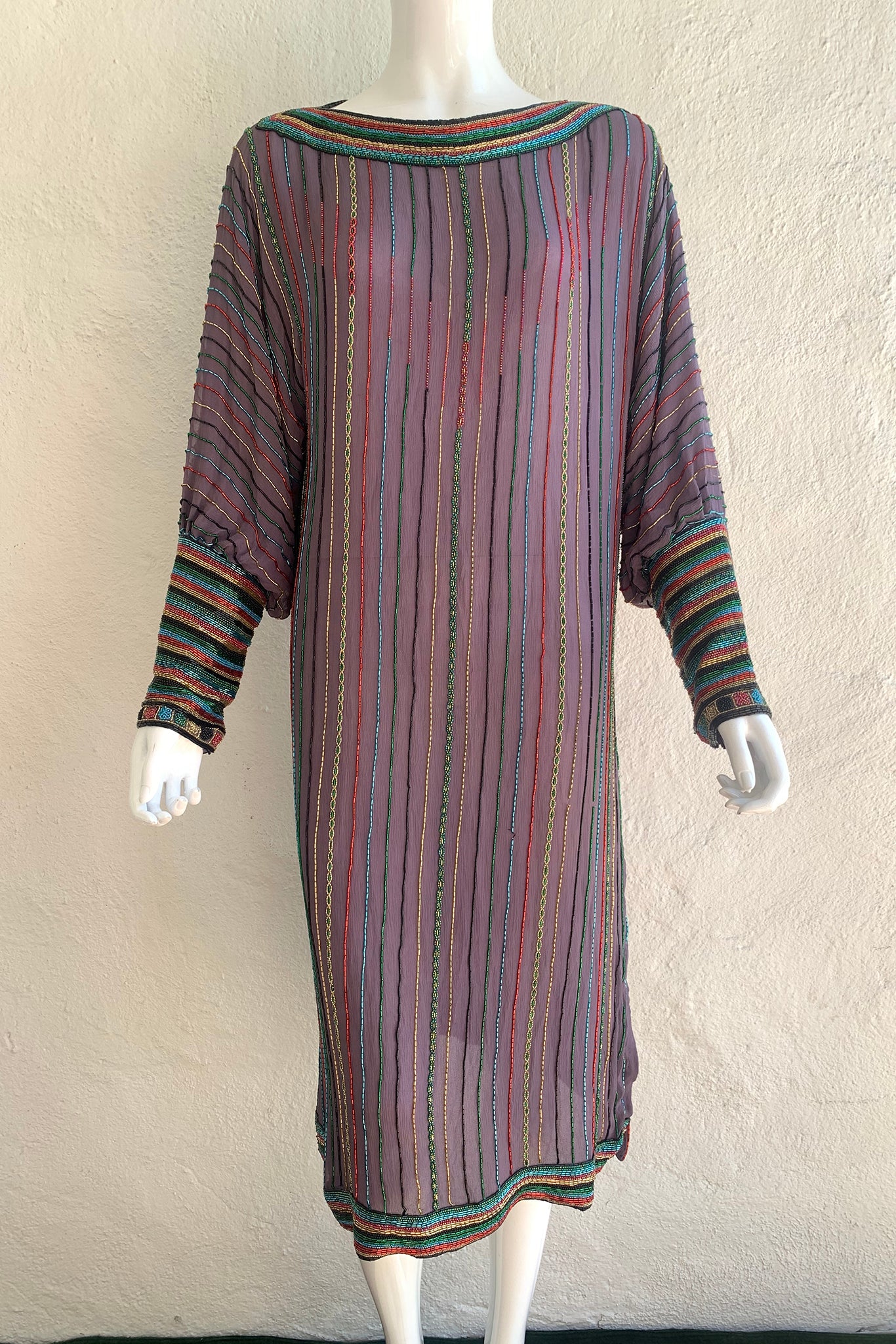 Vintage Sistermax Rainbow Beaded Midi Shift Dress on Mannequin front crop at Recess