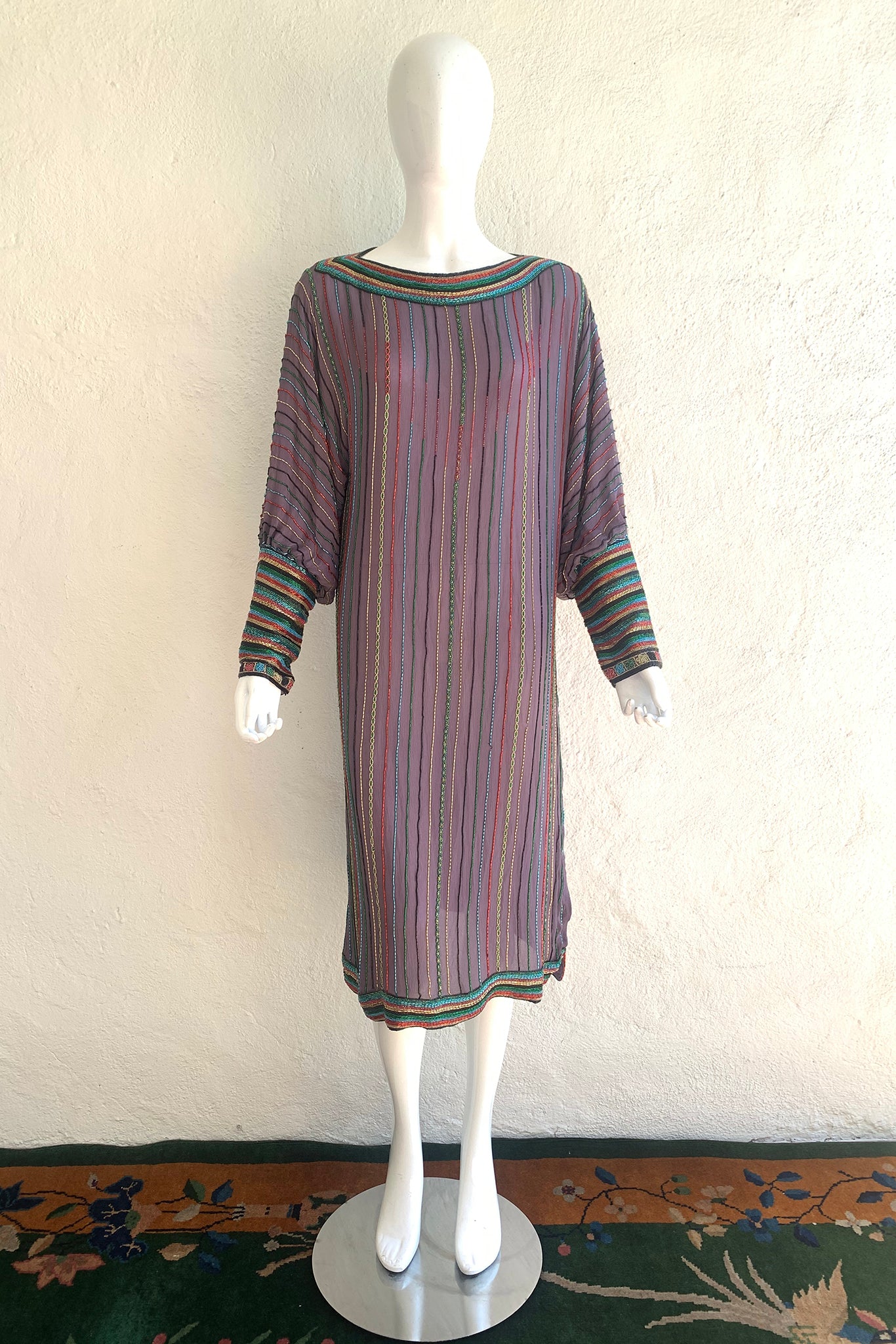 Vintage Sistermax Rainbow Beaded Midi Shift Dress on Mannequin front at Recess
