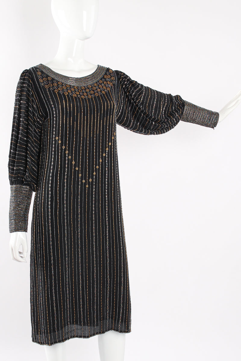 Vintage Sistermax Beaded Striped Silk Shift Dress on mannequin at Recess Los Angeles