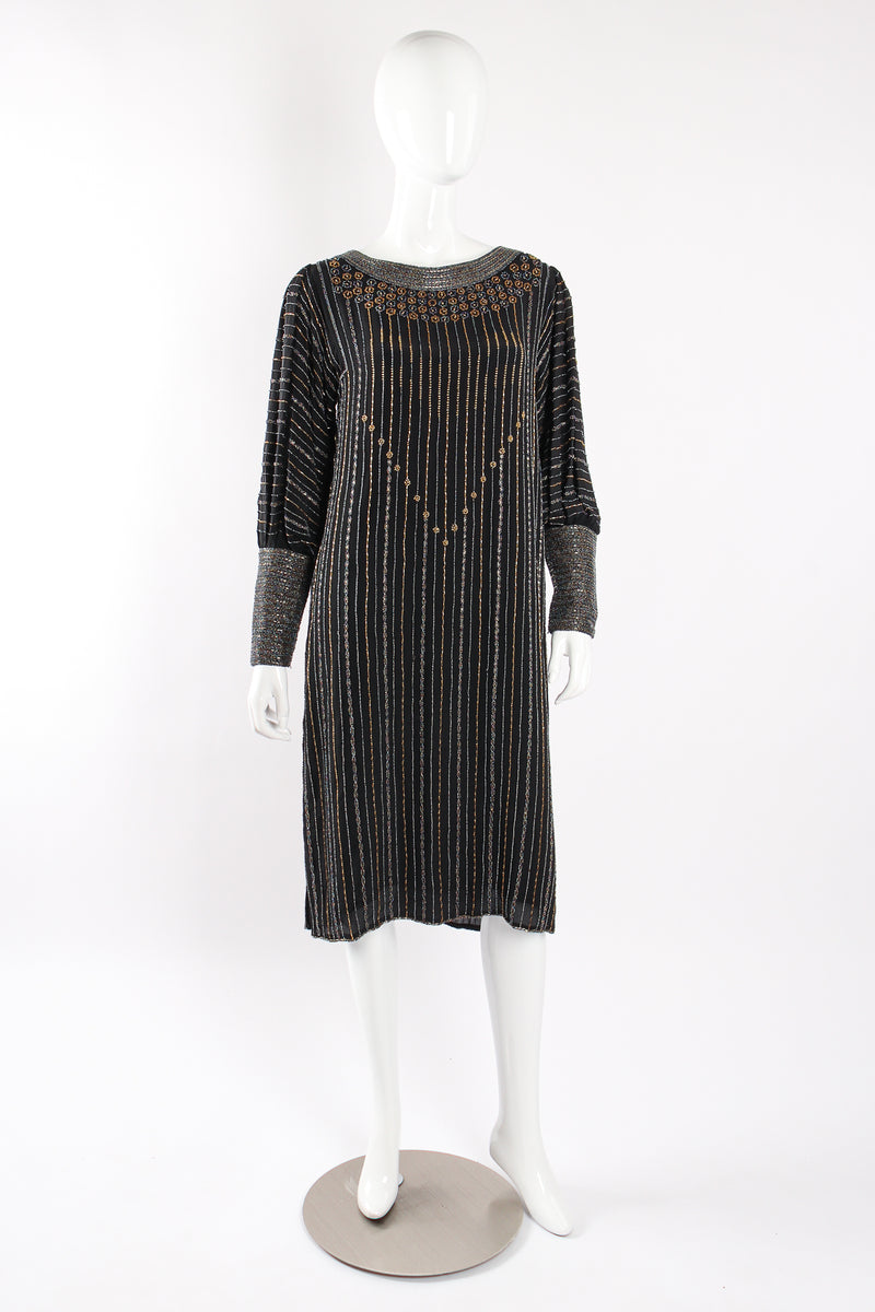 Vintage Sistermax Beaded Striped Silk Shift Dress on mannequin at Recess Los Angeles (front)