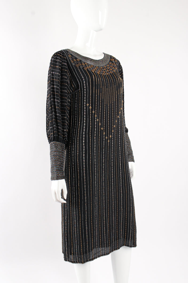 Vintage Sistermax Beaded Striped Silk Shift Dress on mannequin at Recess Los Angeles (side crop)