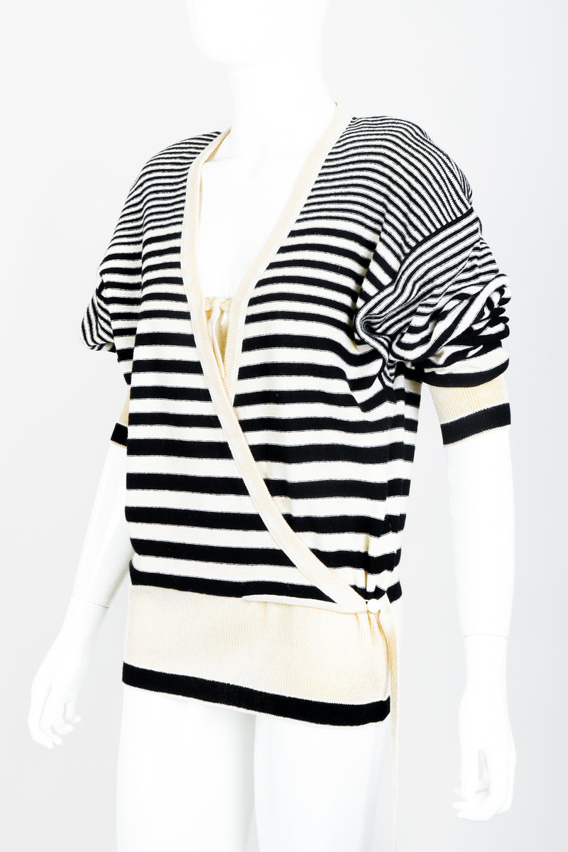 Vintage Sonia Rykiel White Stripe Knit Boyfriend Wrap Sweater on Mannequin angled at Recess