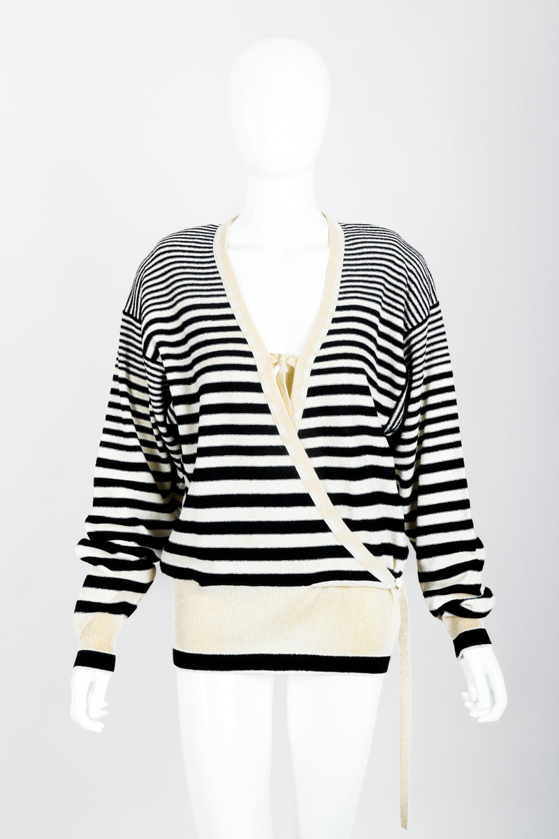 Vintage Sonia Rykiel White Stripe Knit Boyfriend Wrap Sweater on Mannequin front at Recess