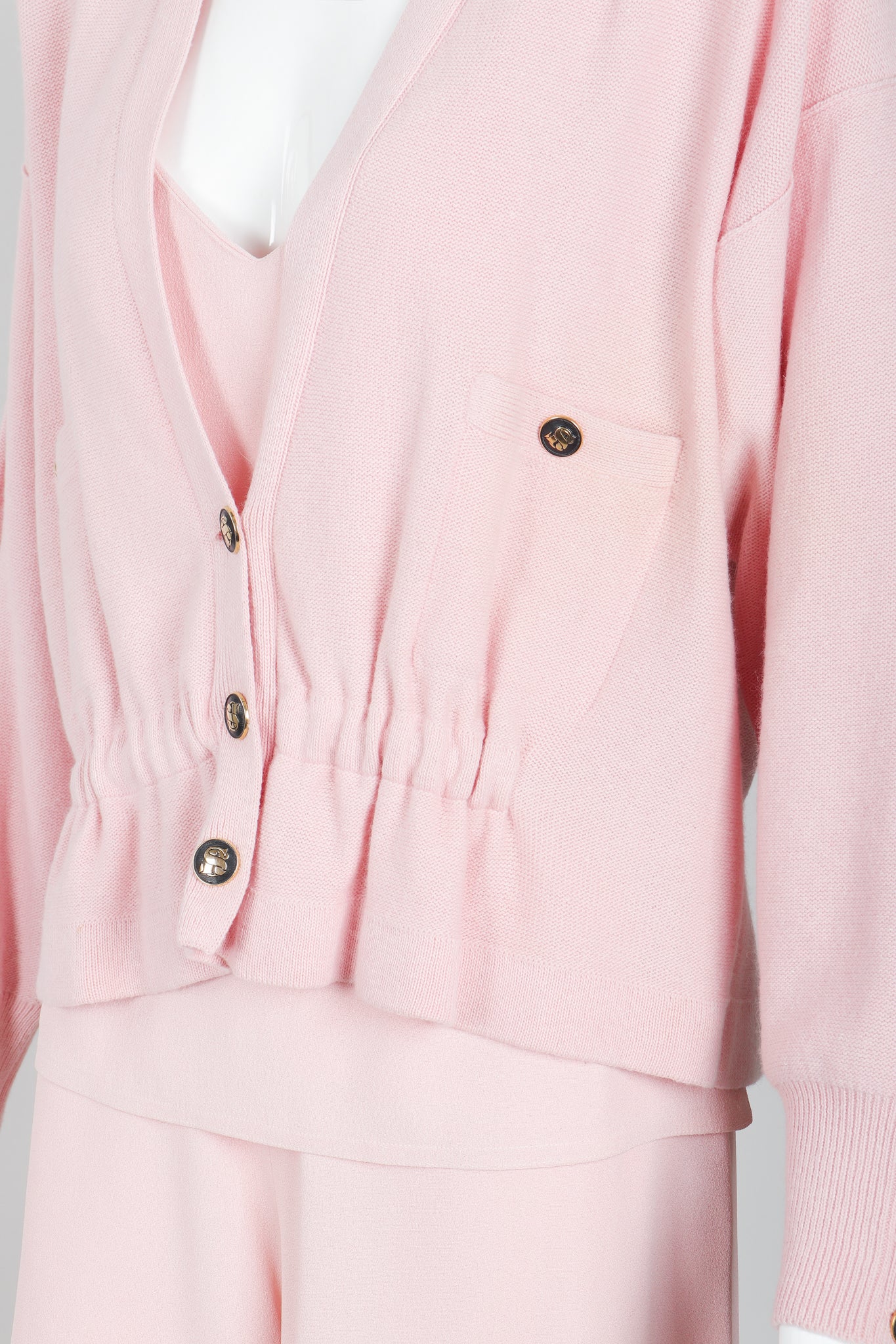 Vintage Sonia Rykiel Baby Pink Camisole Short & Sweater Ensemble on Mannequin crop detail