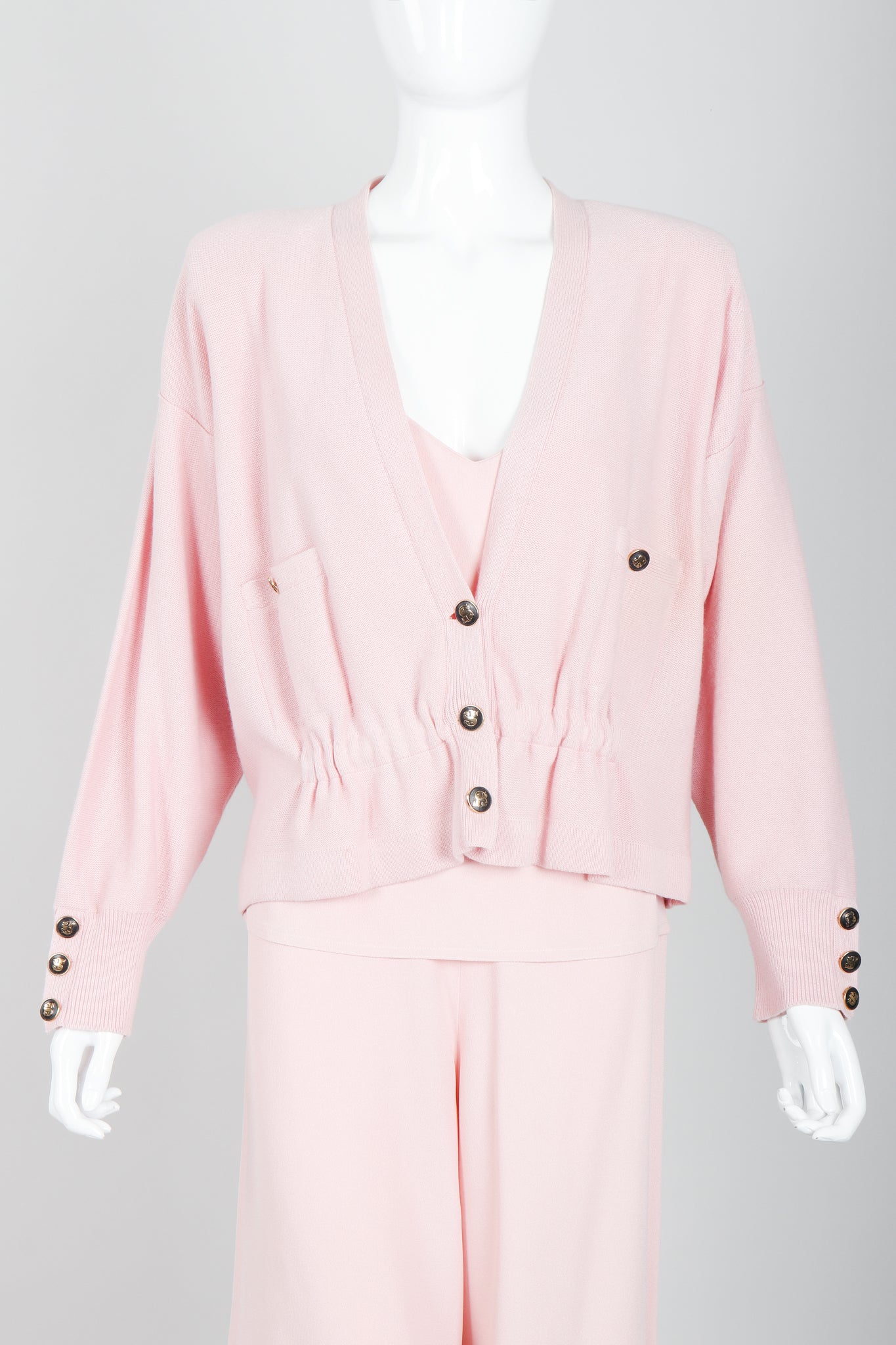 Vintage Sonia Rykiel Baby Pink Camisole Short & Sweater Ensemble on Mannequin front crop
