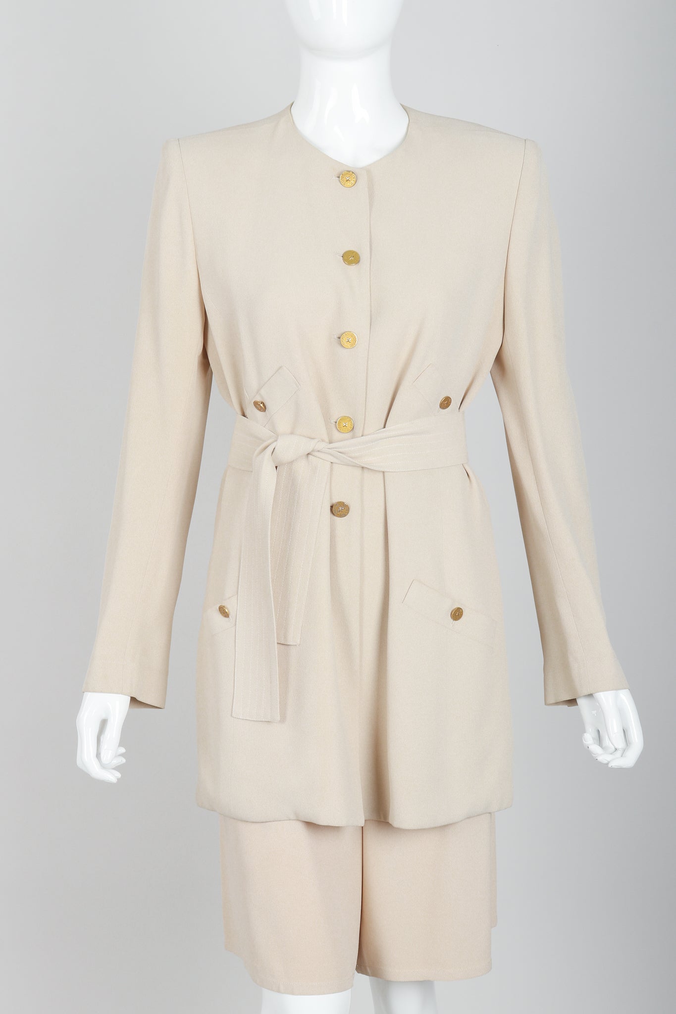Vintage Sonia Rykiel Sand Crepe Belted Jacket & Short Set on Mannequin front crop at Recess