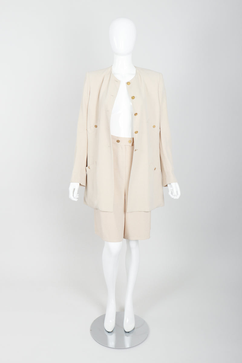Vintage Sonia Rykiel Sand Crepe Belted Jacket & Short Set on Mannequin front open at Recess