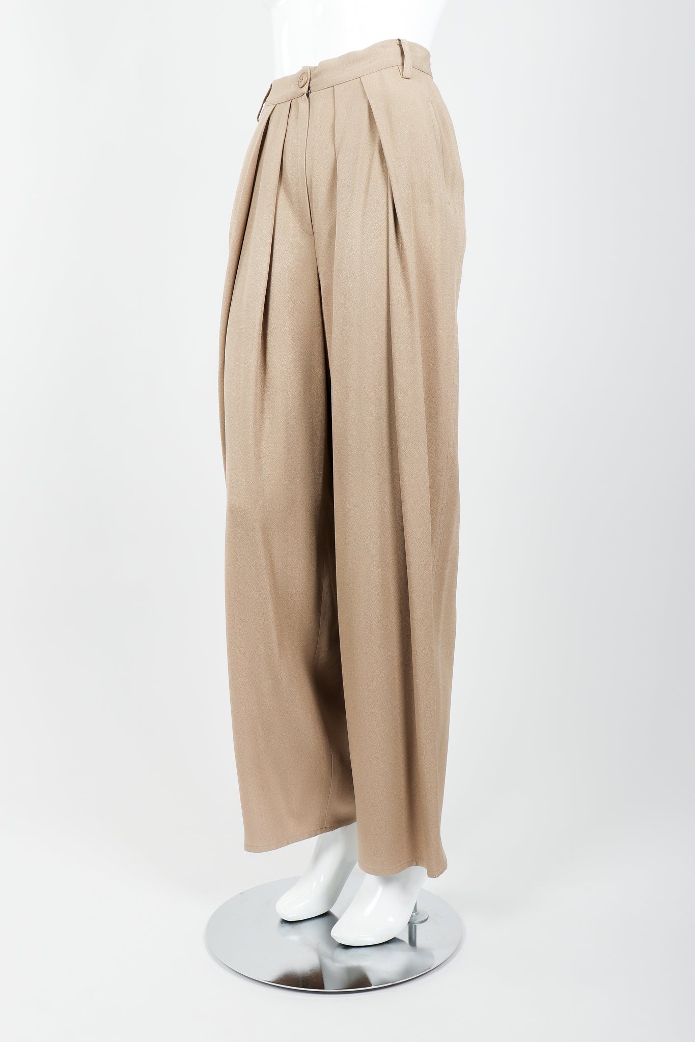 Vintage Sonia Rykiel Taupe Pleated Crepe Pant on Mannequin Pleat angled at Recess