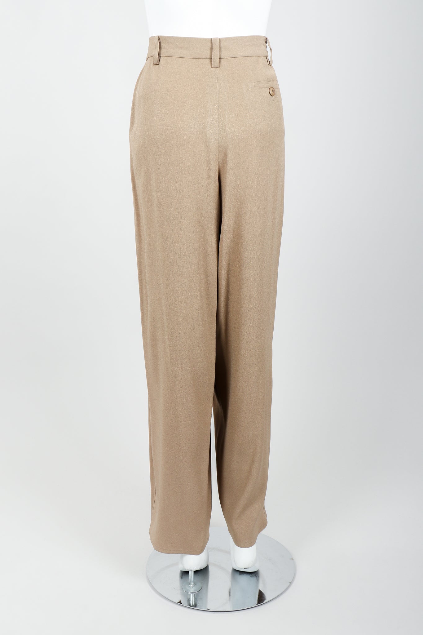 Vintage Sonia Rykiel Taupe Pleated Crepe Pant on Mannequin back at Recess