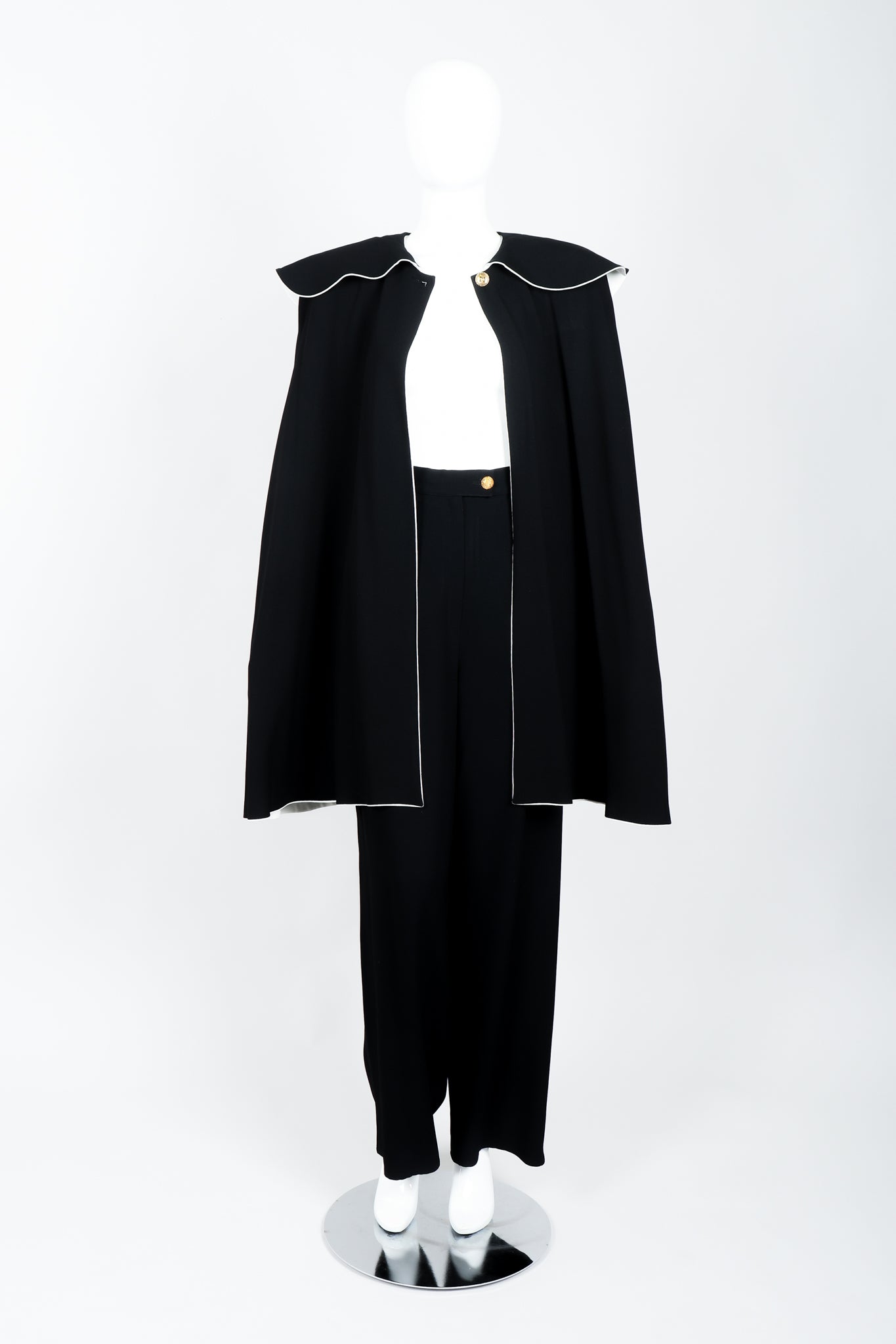 Vintage Sonia Rykiel Crepe Cape & Pant Set on mannequin front open at Recess Los Angeles
