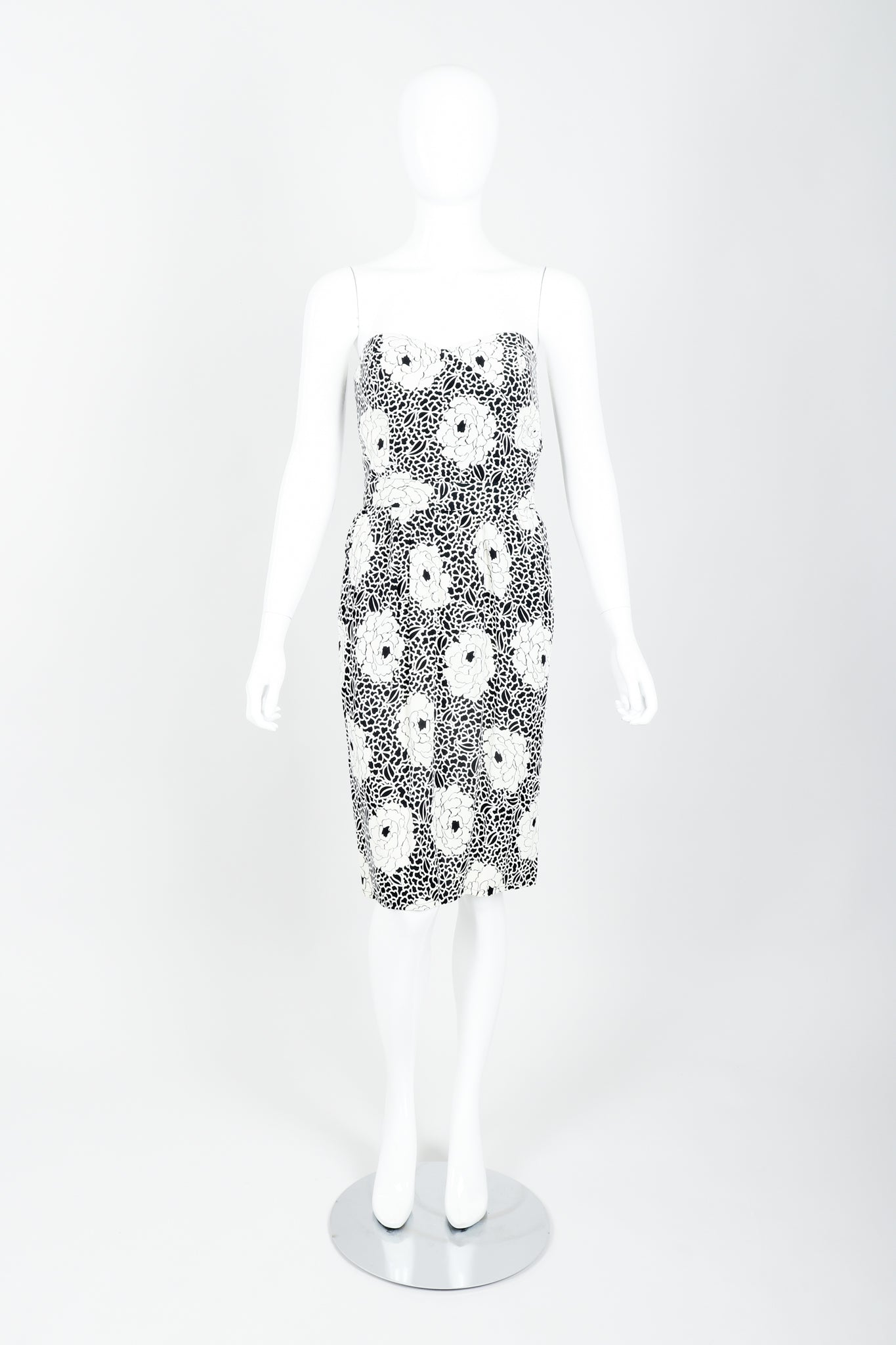 Vintage Sonia Rykiel black white Floral Print Dress on mannequin front at Recess