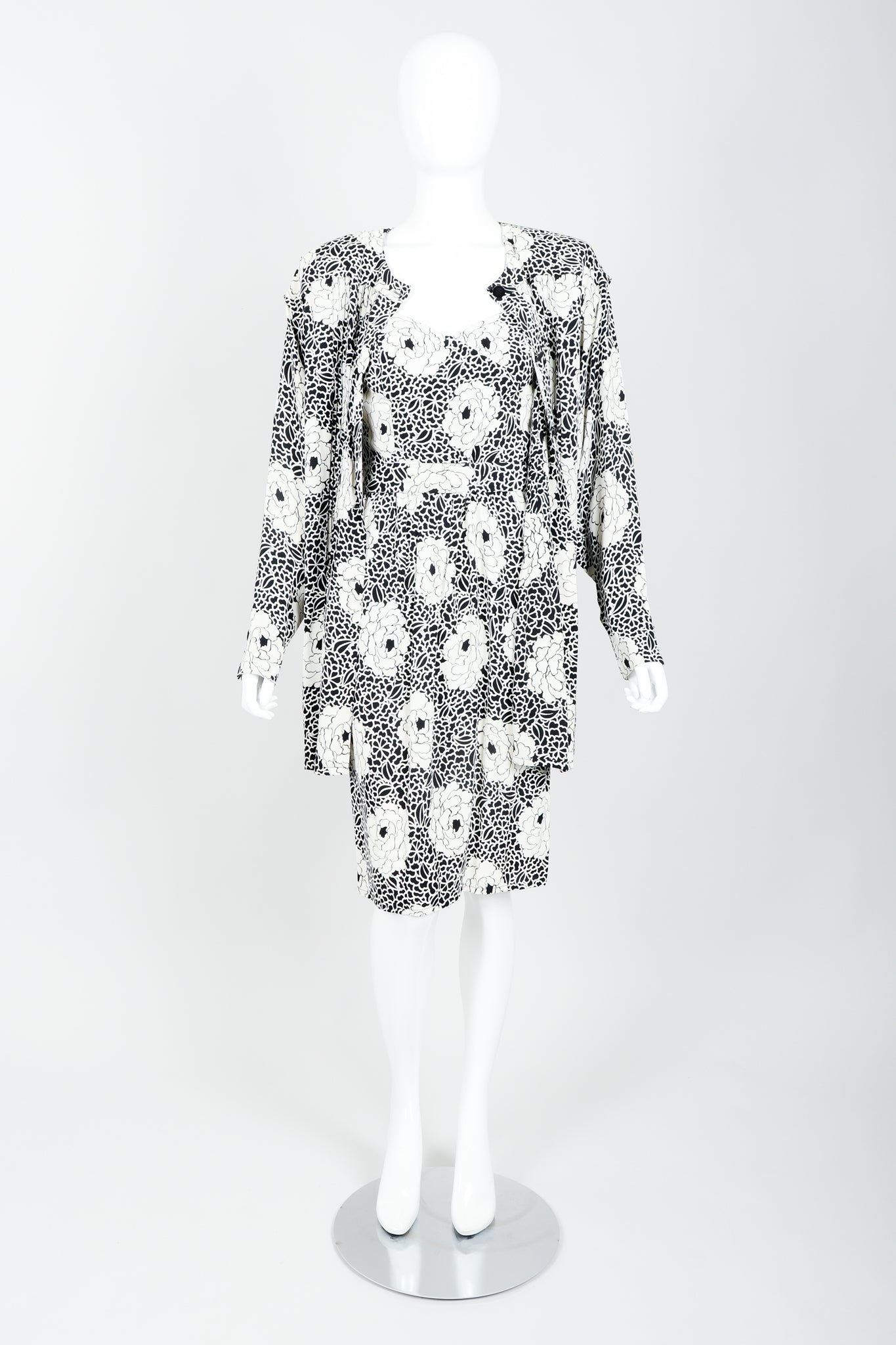 Vintage Sonia Rykiel black white Floral Print Dress & Blouse Set on mannequin open at Recess