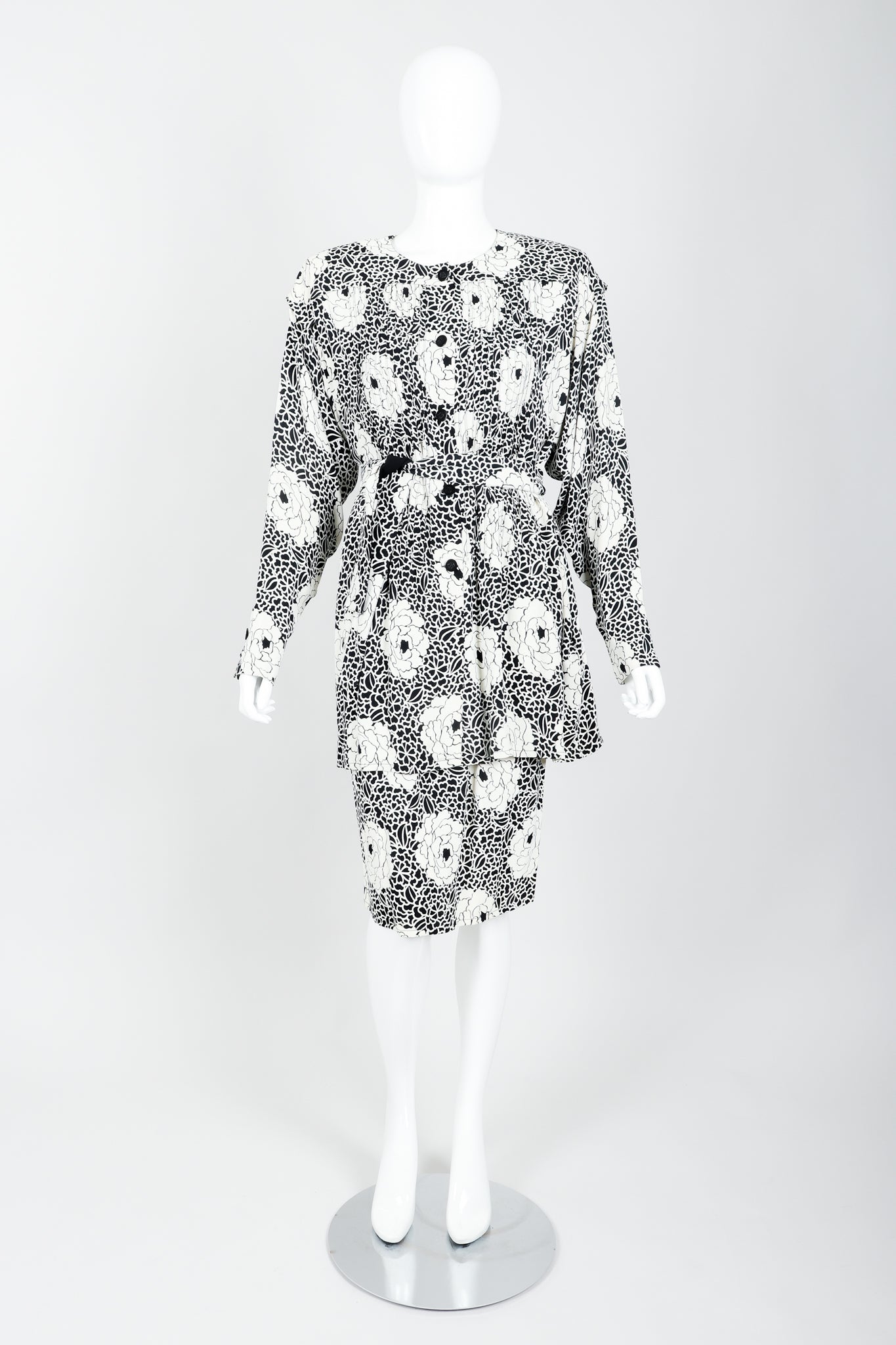 Vintage Sonia Rykiel black white Floral Print Dress & Blouse Set on mannequin front at Recess
